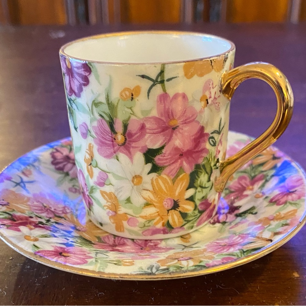 Vintage Arnart 5th Ave Royal Chintz Demitasse Cup & Saucer 1562 Porcelain 2.25"